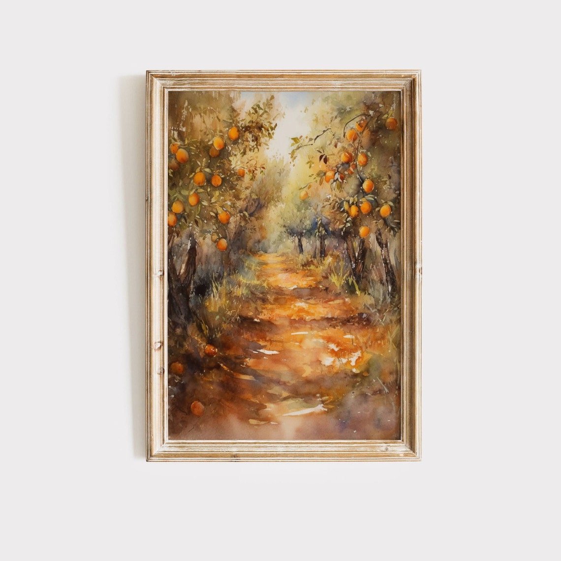 Golden Orange Tree Orchard Pathway Watercolor Mediterranean Wall Art