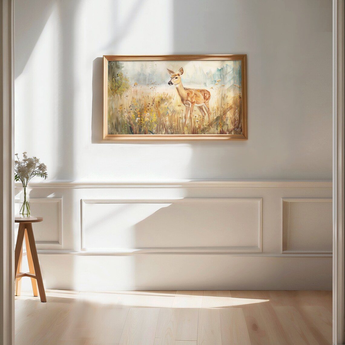 Deer Fawn in a Golden Wildflower Meadow Vintage Oil Painting Art Print - Image 2