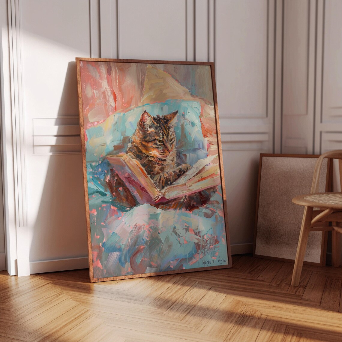 Tabby Cat Reading Open Book Colorful Impressionist Cat Lover Wall Art Poster - Image 2