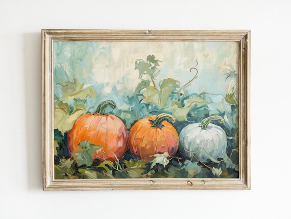 Three Pumpkins Vine Orange White Pumpkins Light Blue Green Harvest Art Print