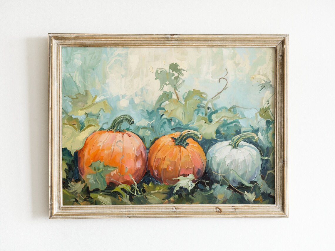 Three Pumpkins Vine Orange White Pumpkins Light Blue Green Harvest Art Print