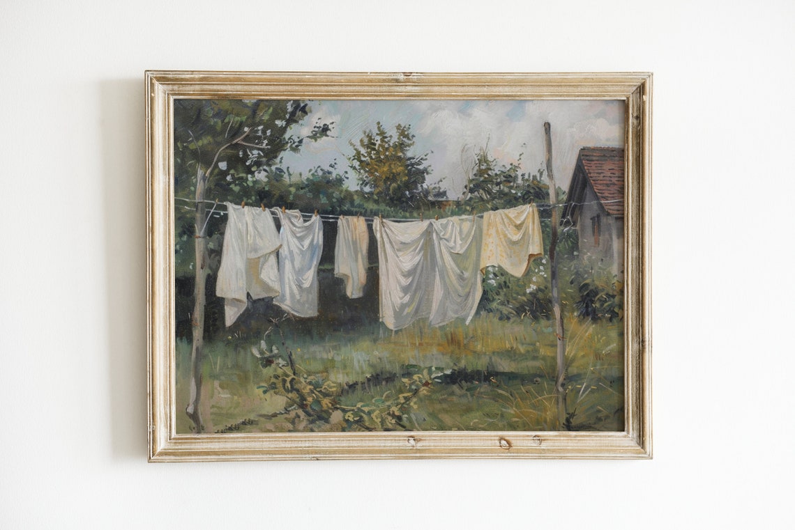 Vintage Laundry Room Art Clothesline Oil Painting Wall Decor Rustic Farmhouse Print Hanging Clothes