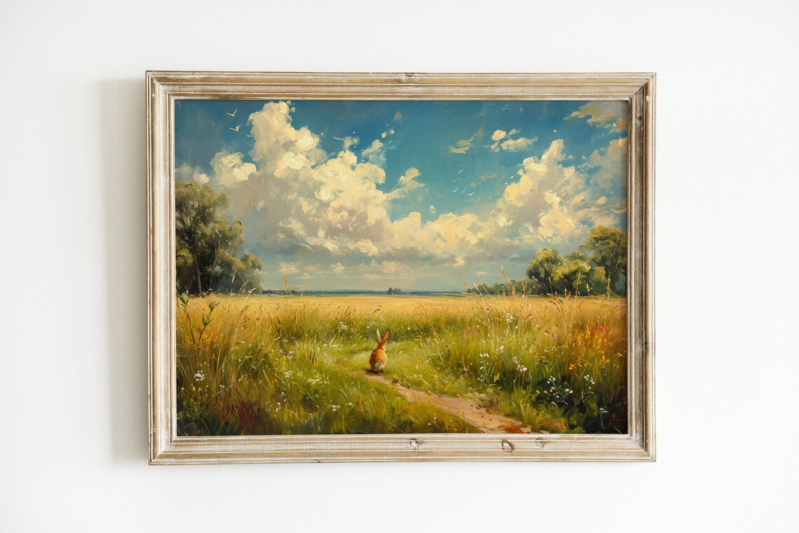 Brown Bunny In Golden Meadow Field Under Cloudy Sky Vintage Rabbit Decor Poster
