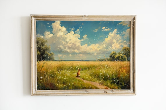 Brown Bunny In Golden Meadow Field Under Cloudy Sky Vintage Rabbit Decor Poster