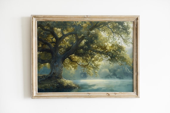 Vintage Landscape Painting Oak Tree Pond Print Wall Art Rustic Farmhouse Decor Muted Neutral Colors