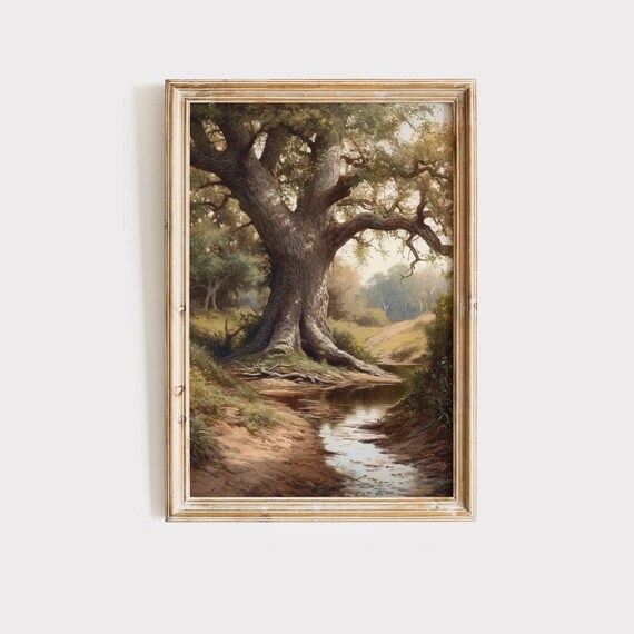 Vintage Oak Tree Stream Landscape Wall Art Print