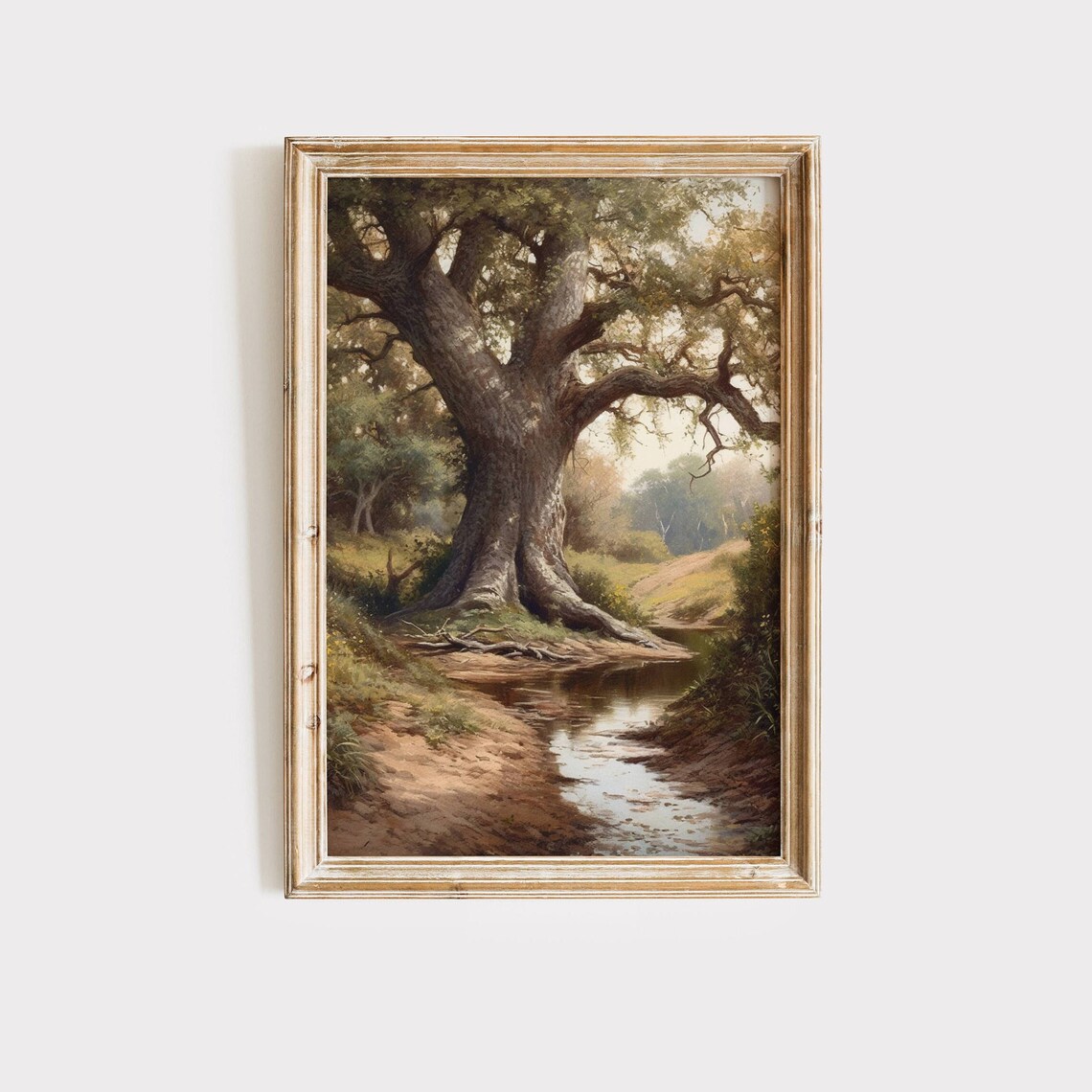 Vintage Oak Tree Stream Landscape Wall Art Print