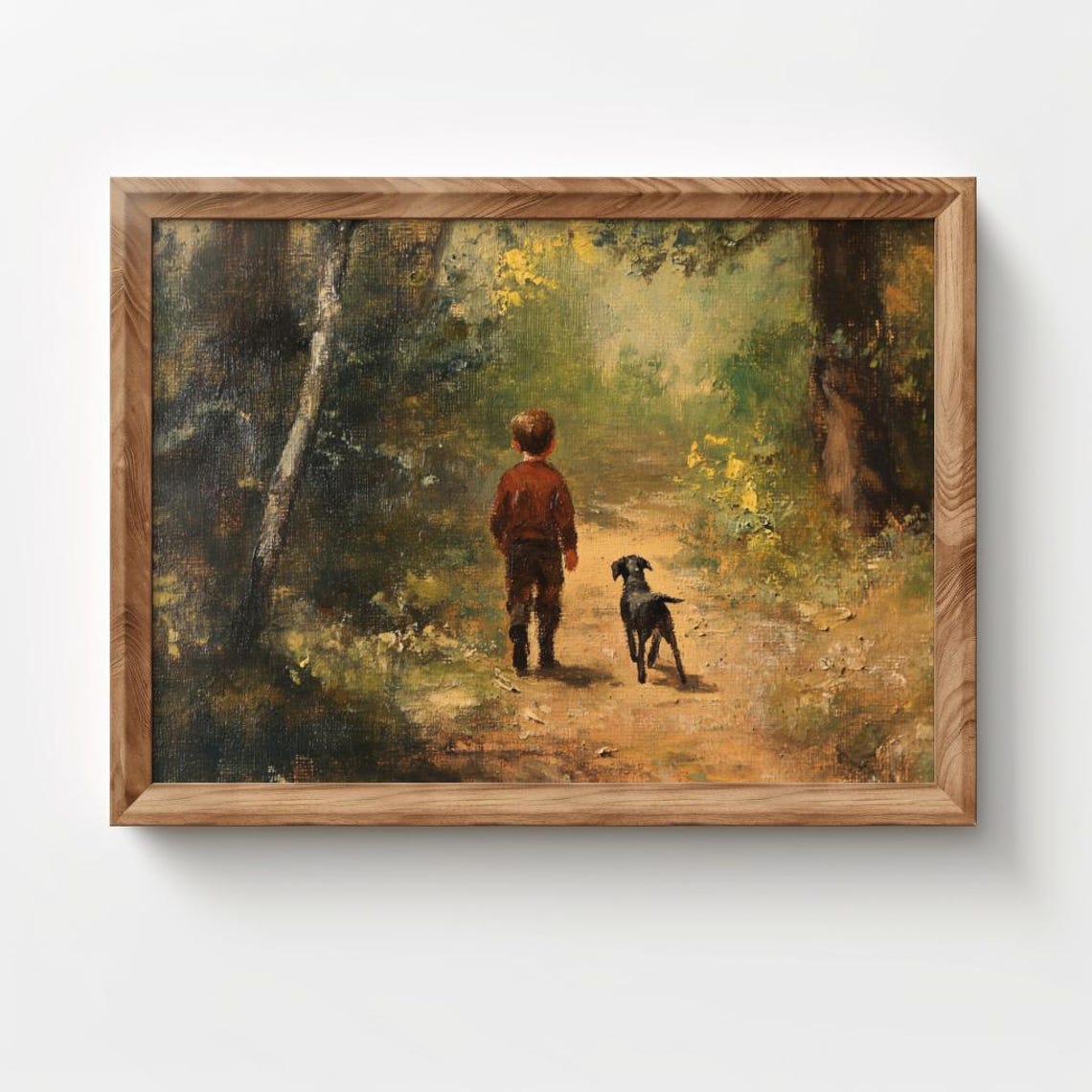 Boy and His Dog Walking Down a Forest Path Vintage Oil Painting Poster - Image 2