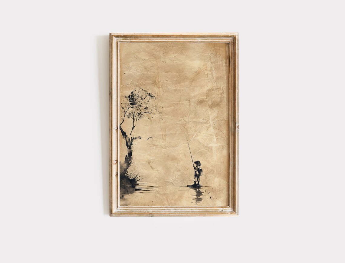 Boy Fishing Ink Sketch Minimalist Vintage Parchment Wall Art Poster - Image 2