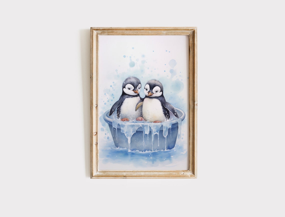 Two Baby Penguins Splashing In Blue Bathtub Watercolor Poster - Image 2