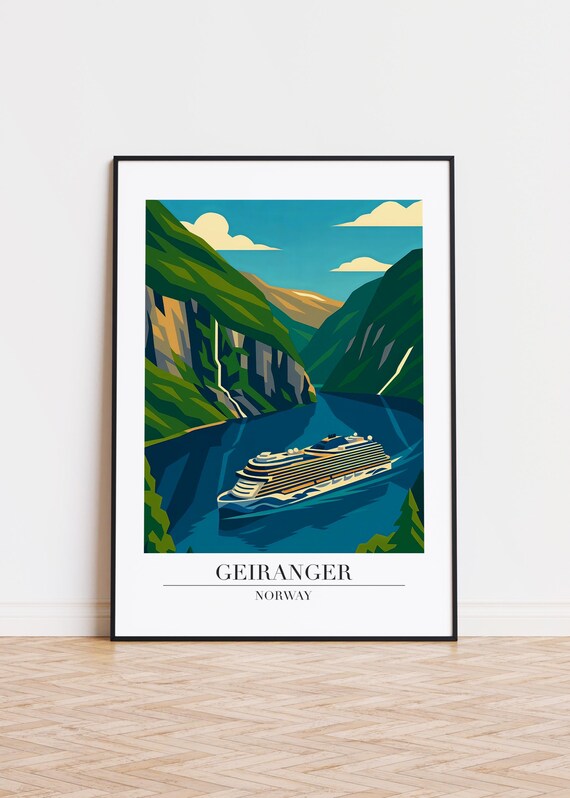 Geiranger Norway Majestic Fjord Cruise Ship Waterfall Travel Poster