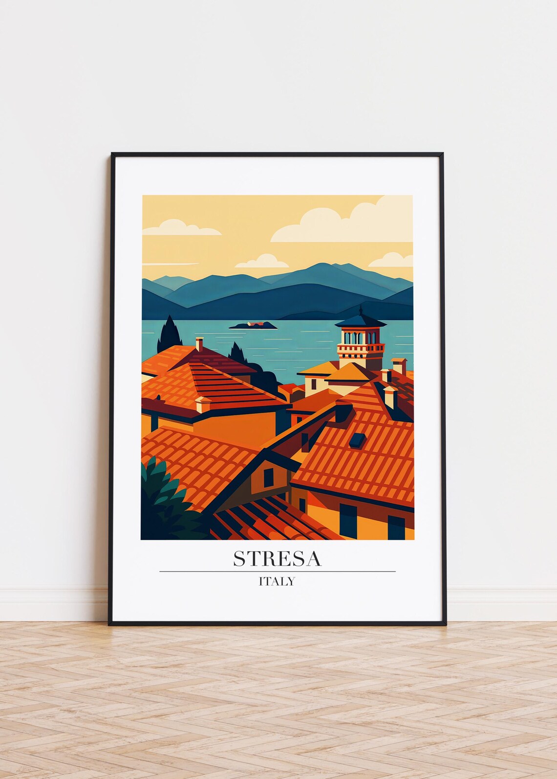 Stresa Italy Terracotta Rooftops Lake View Vintage Style Travel Poster