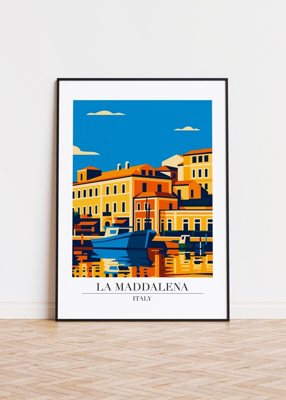 La Maddalena Italy Travel Poster Blue Boat and Harbor Houses View