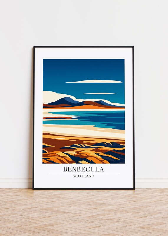 Golden Benbecula Scotland Beach Coast Mountains Travel Poster