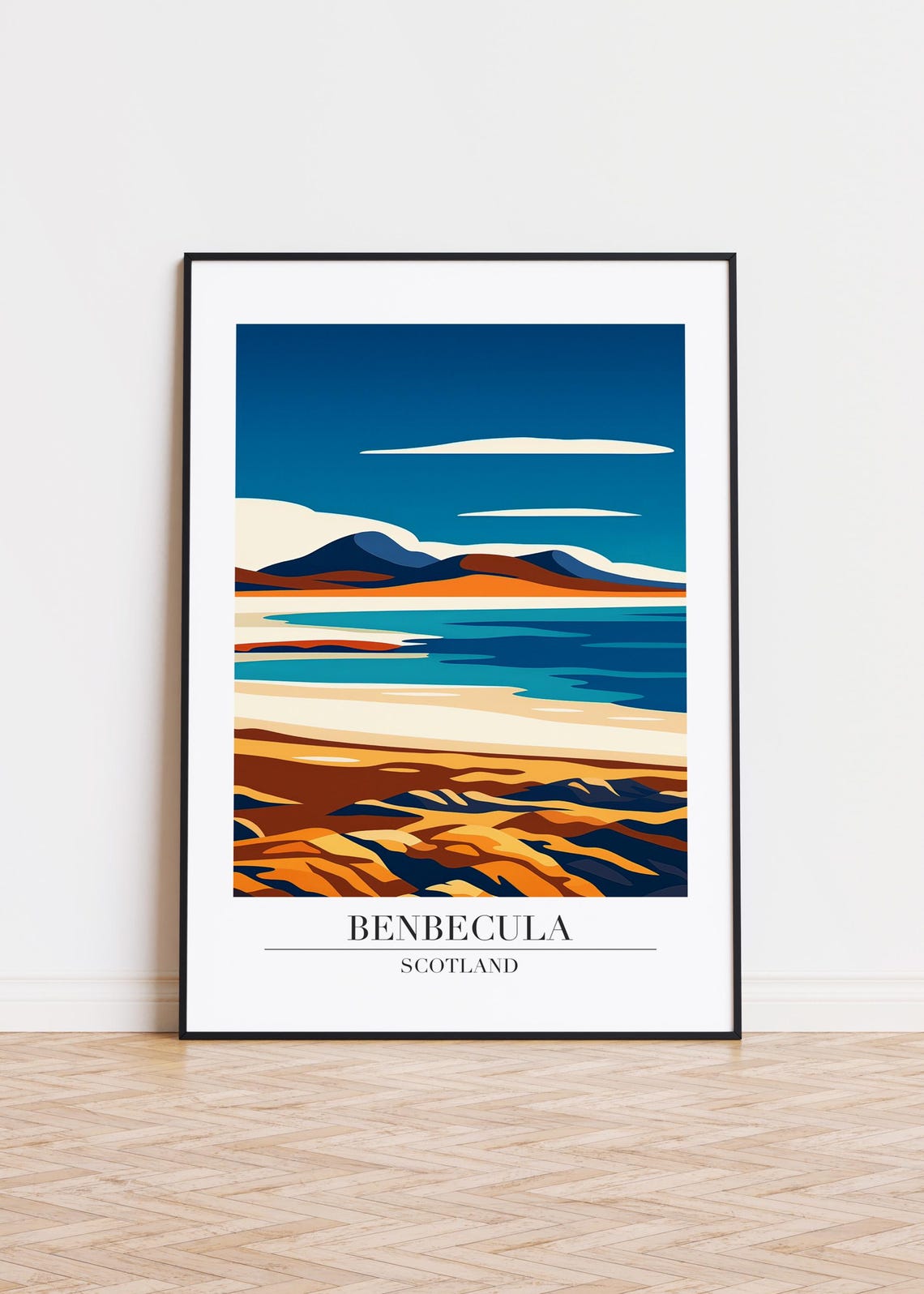 Golden Benbecula Scotland Beach Coast Mountains Travel Poster