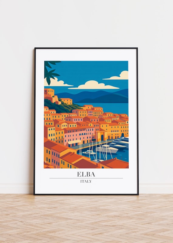 Elba Italy Colorful Harbor Town Boats Waterfront Travel Art Poster