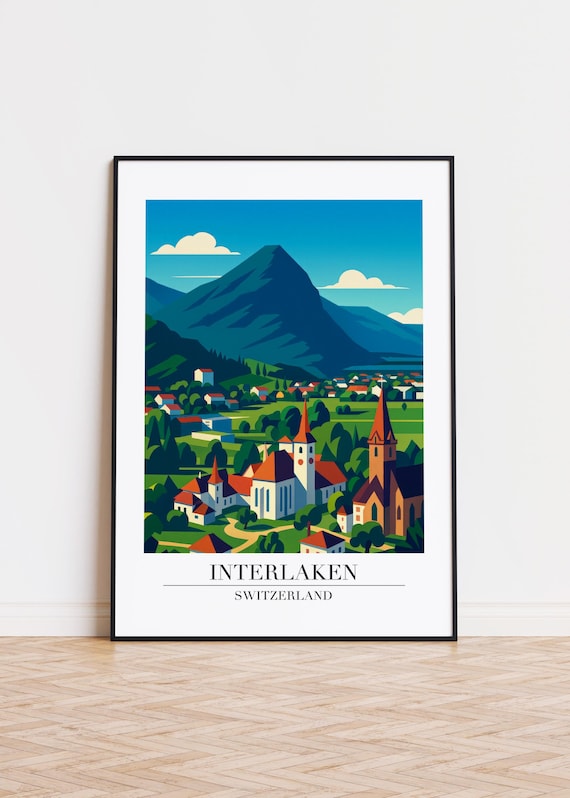 Interlaken Switzerland Mountain Valley Churches Travel Poster Art