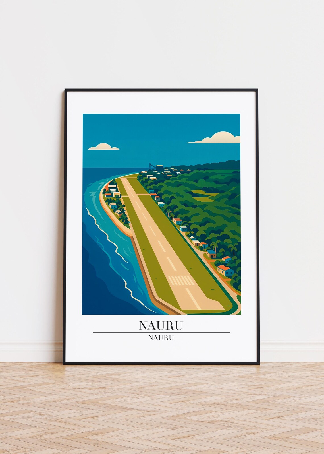 Nauru Island Airport Runway Coastal Aerial Illustrated Travel Poster