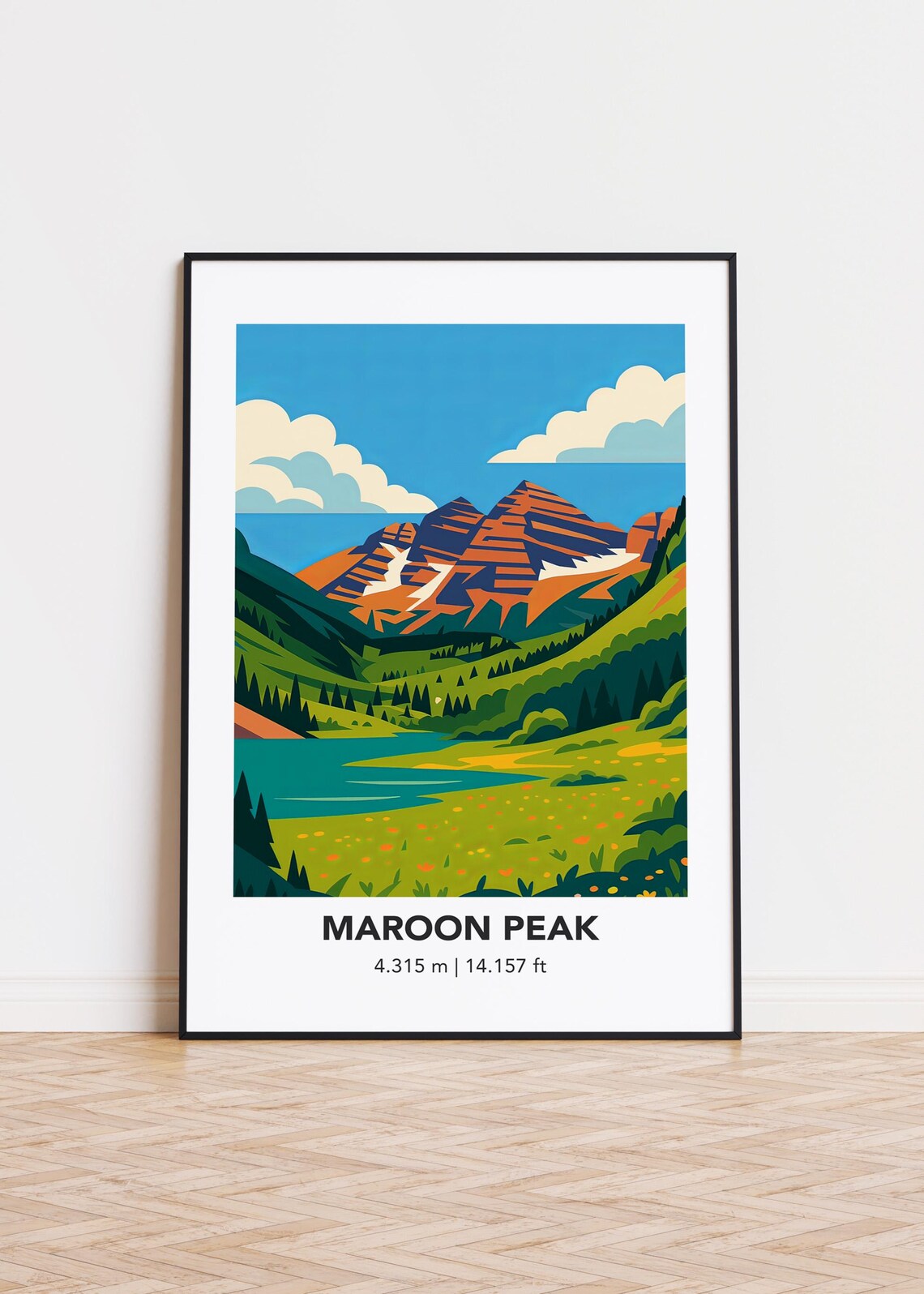 Maroon Peak Colorado Wildflower Valley Illustration Travel Poster