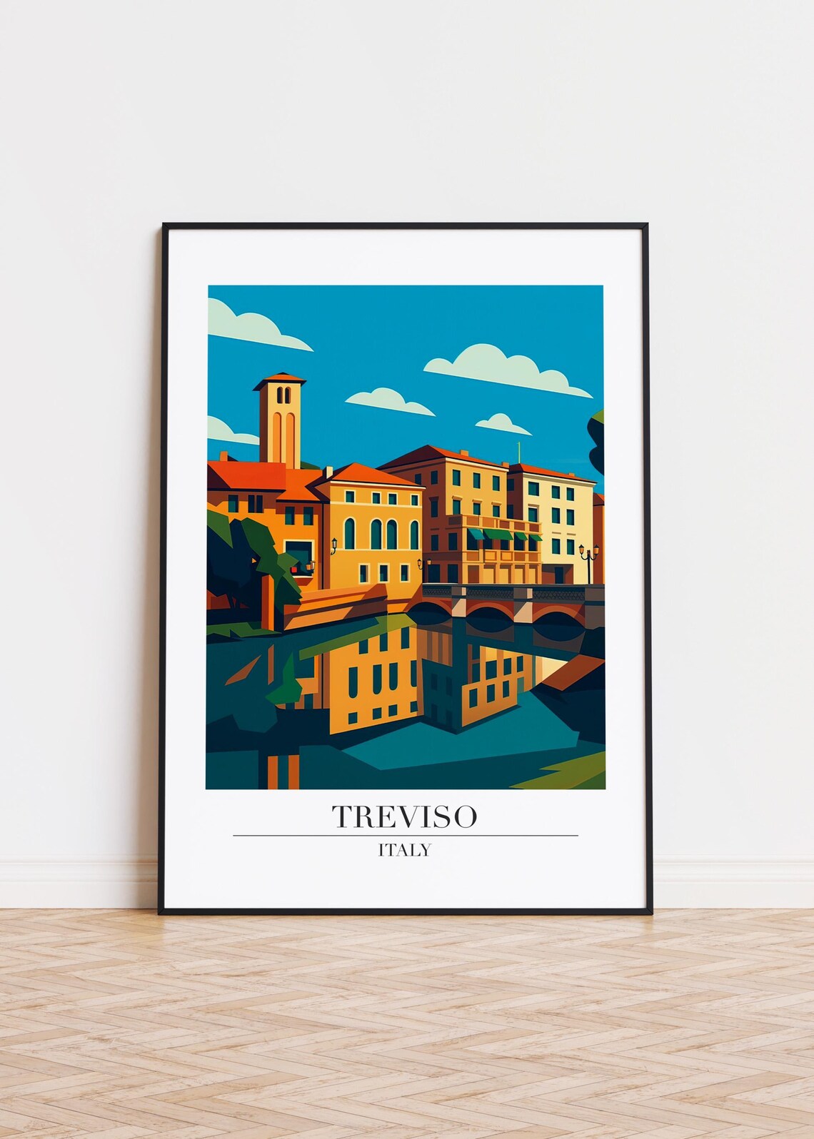 Treviso Italy Canal Bridge Reflection Modern Travel Poster Old Town Art