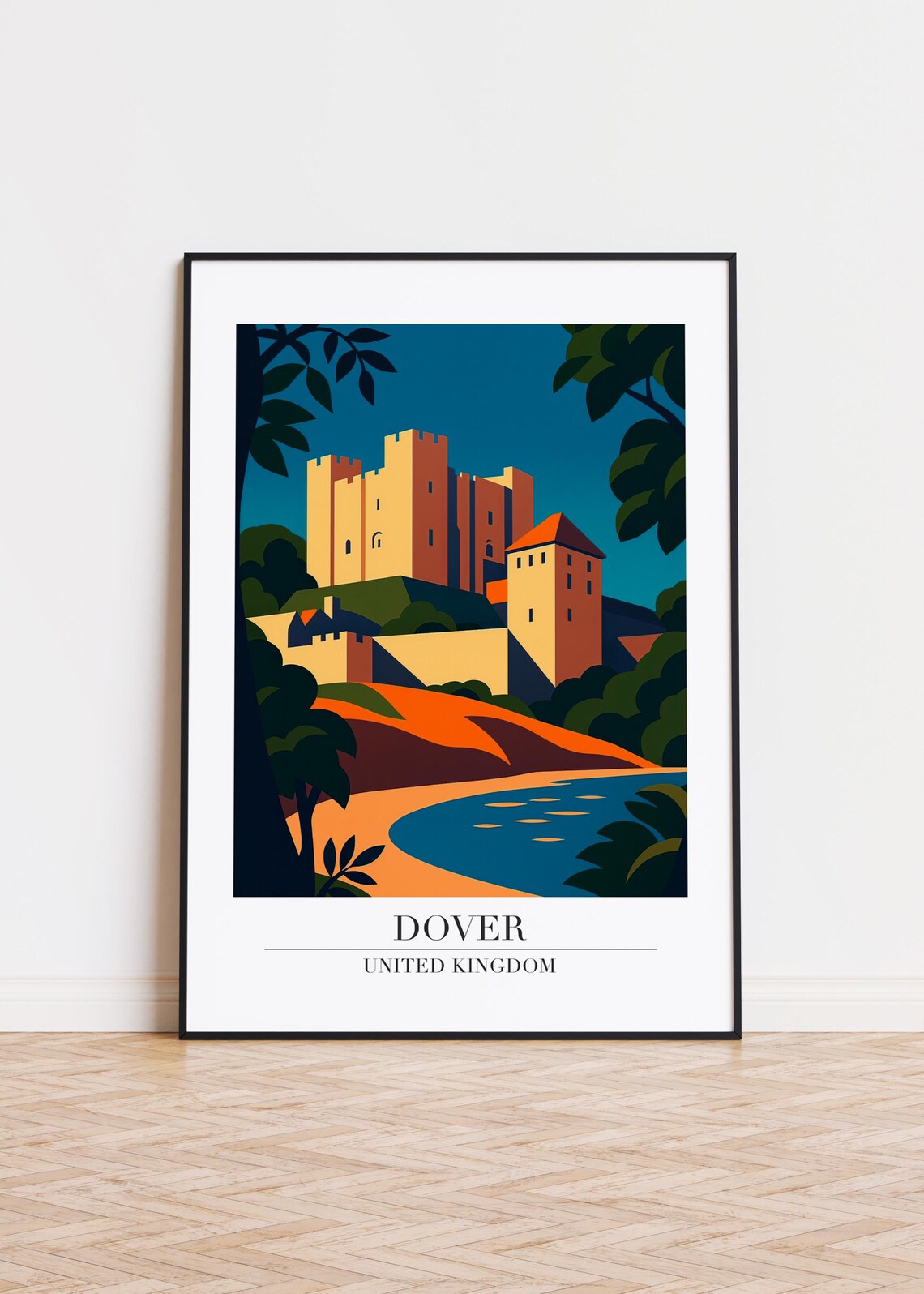 Dover Castle Coastal Hilltop Colorful Retro England UK Travel Art Poster