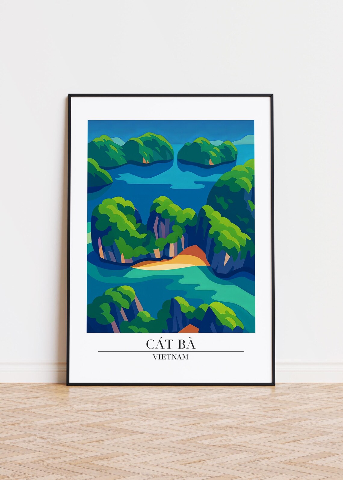 Cat Ba Vietnam Green Island Cliffs Hidden Beach Cove Illustration Poster