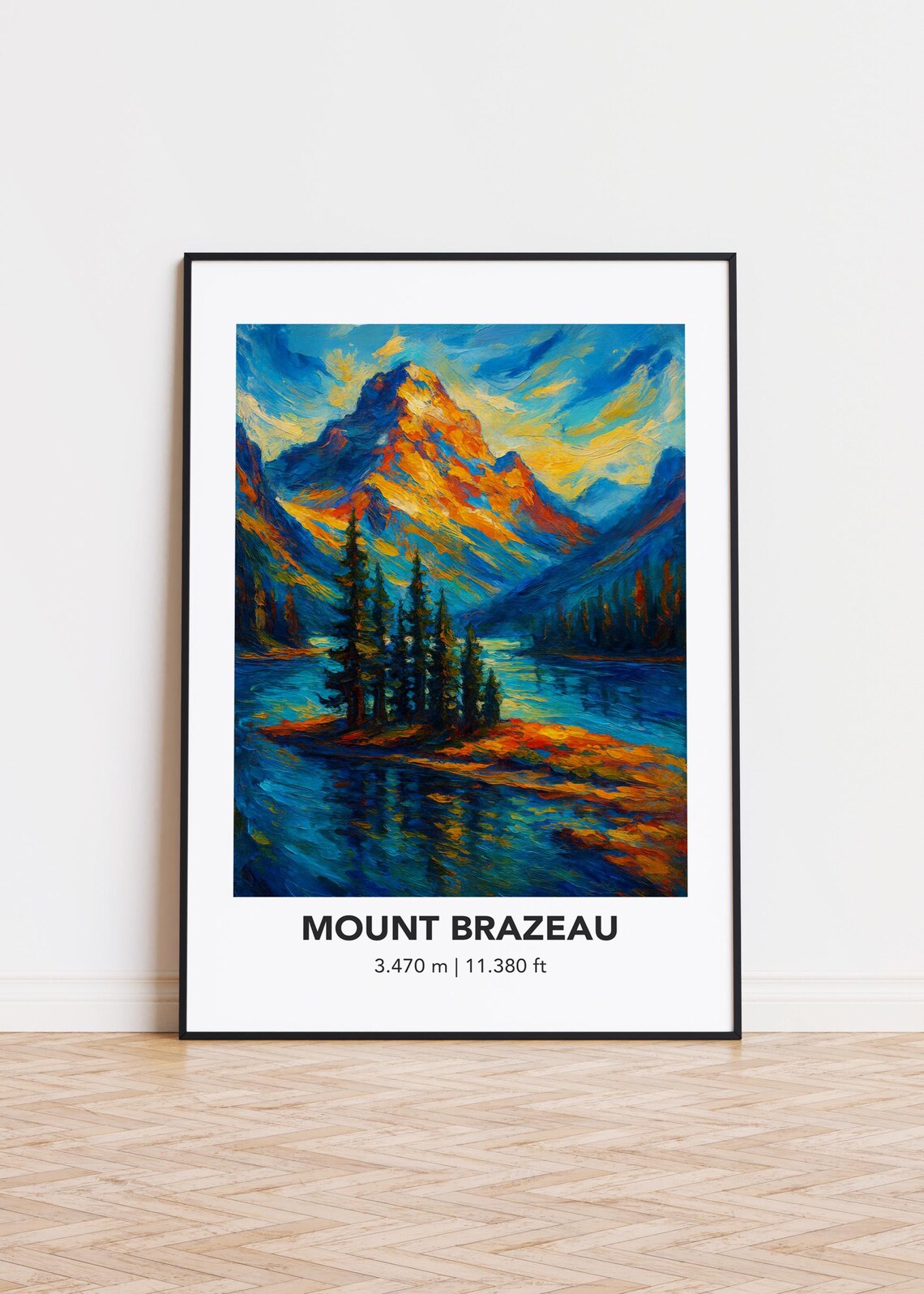 Mount Brazeau Vivid Oil Painting Mountain Art with Elevation Details Poster
