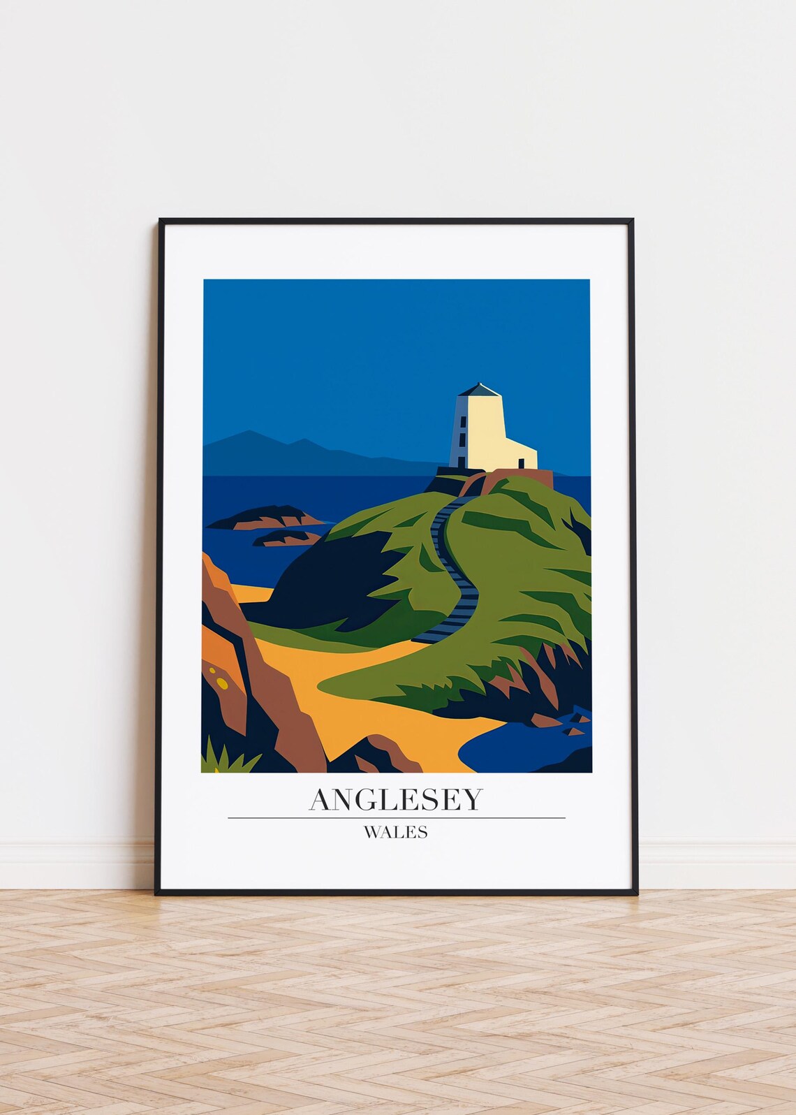 Anglesey Wales Coastal Tower Poster Green Hill Beach Travel Art