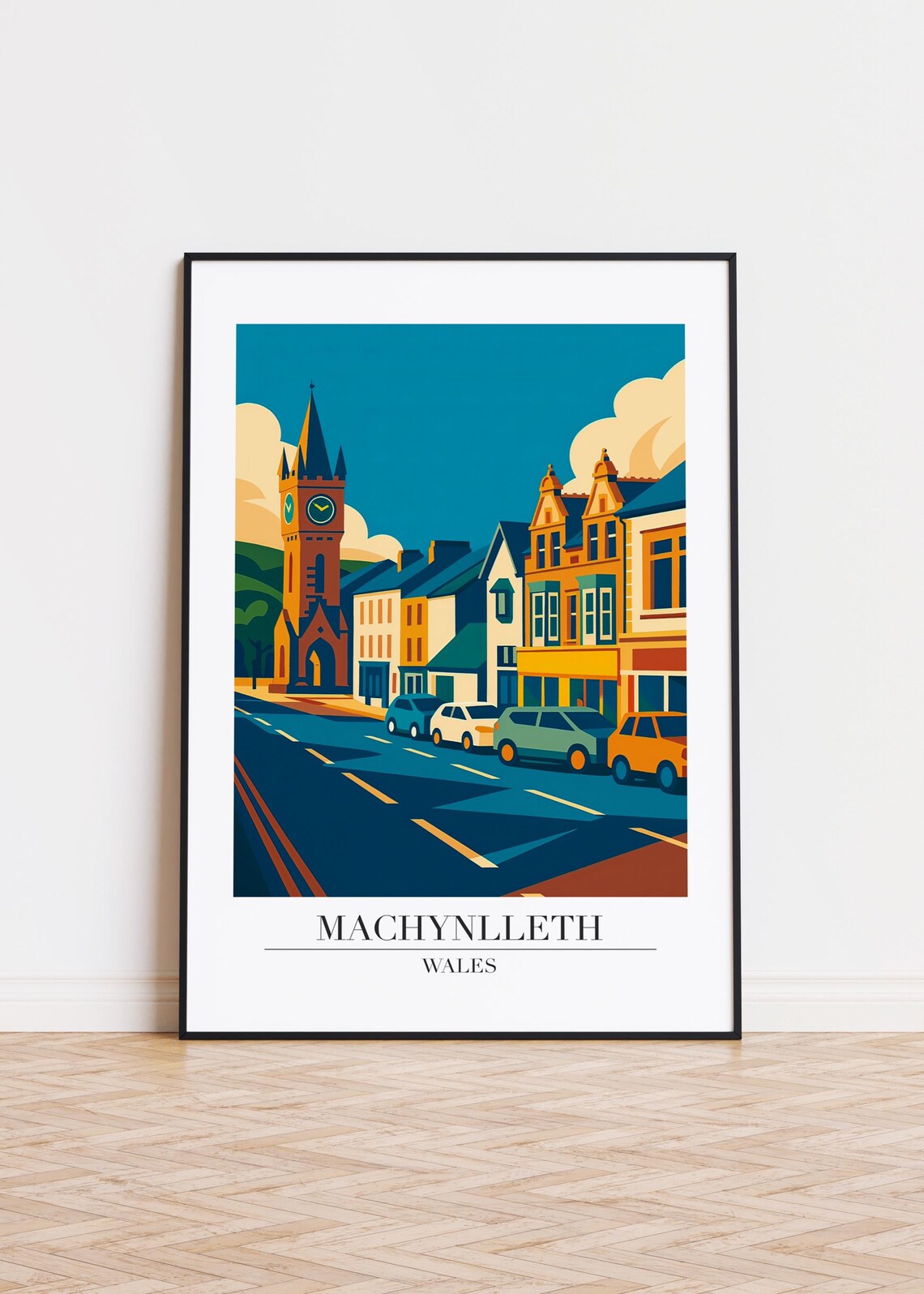 Machynlleth Wales Town Street Clock Tower Colorful Retro Travel Poster