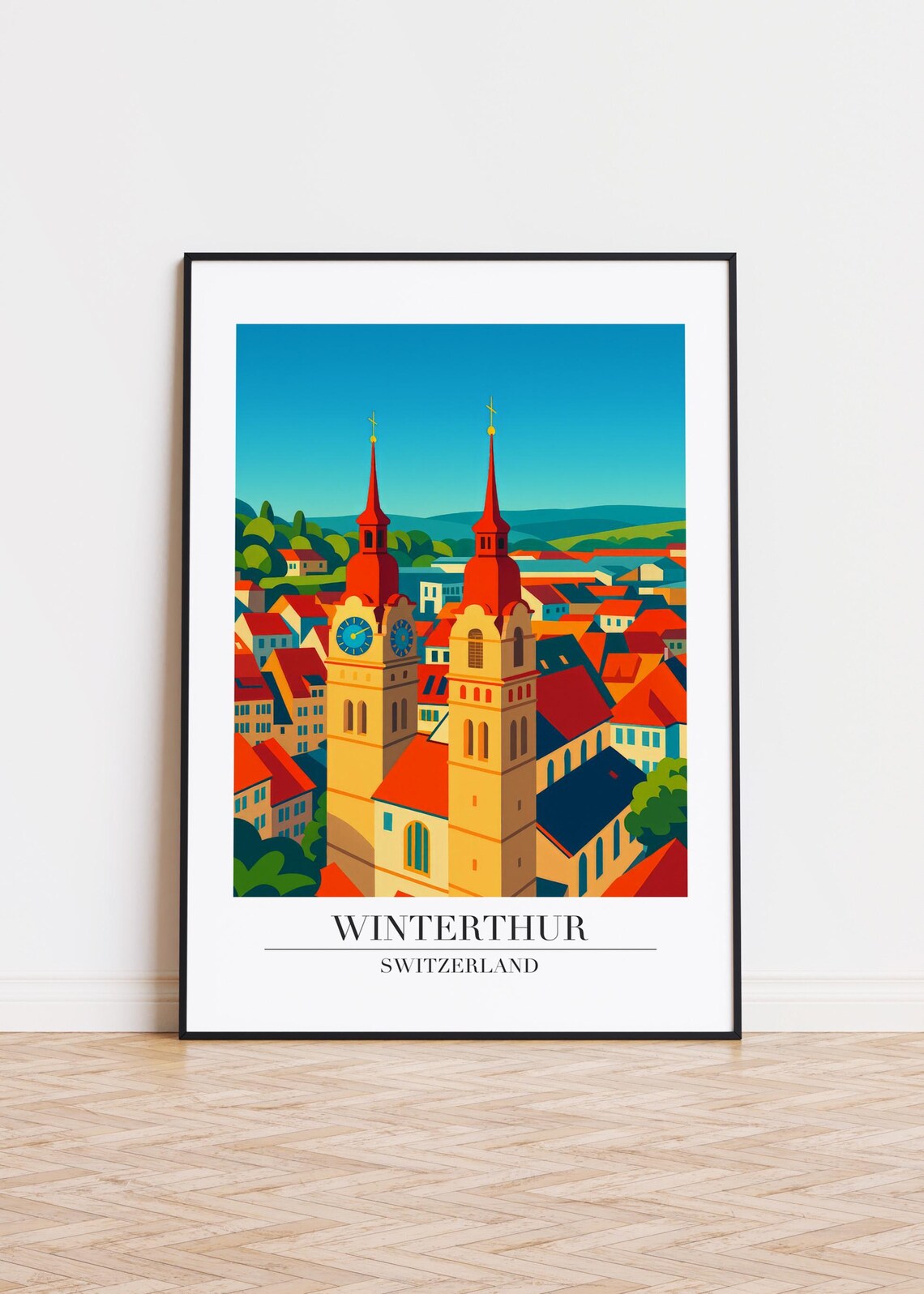 Winterthur Switzerland Twin Church Towers Cityscape Travel Poster