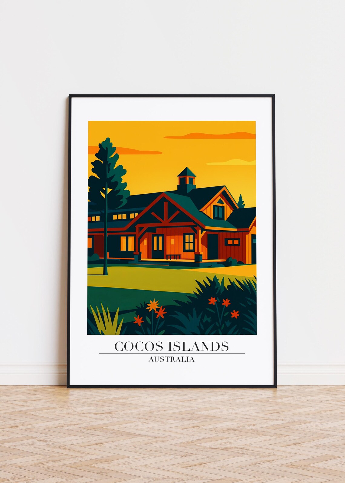 Cocos Islands Australia Timber Homestead Sunset Garden Illustration Poster