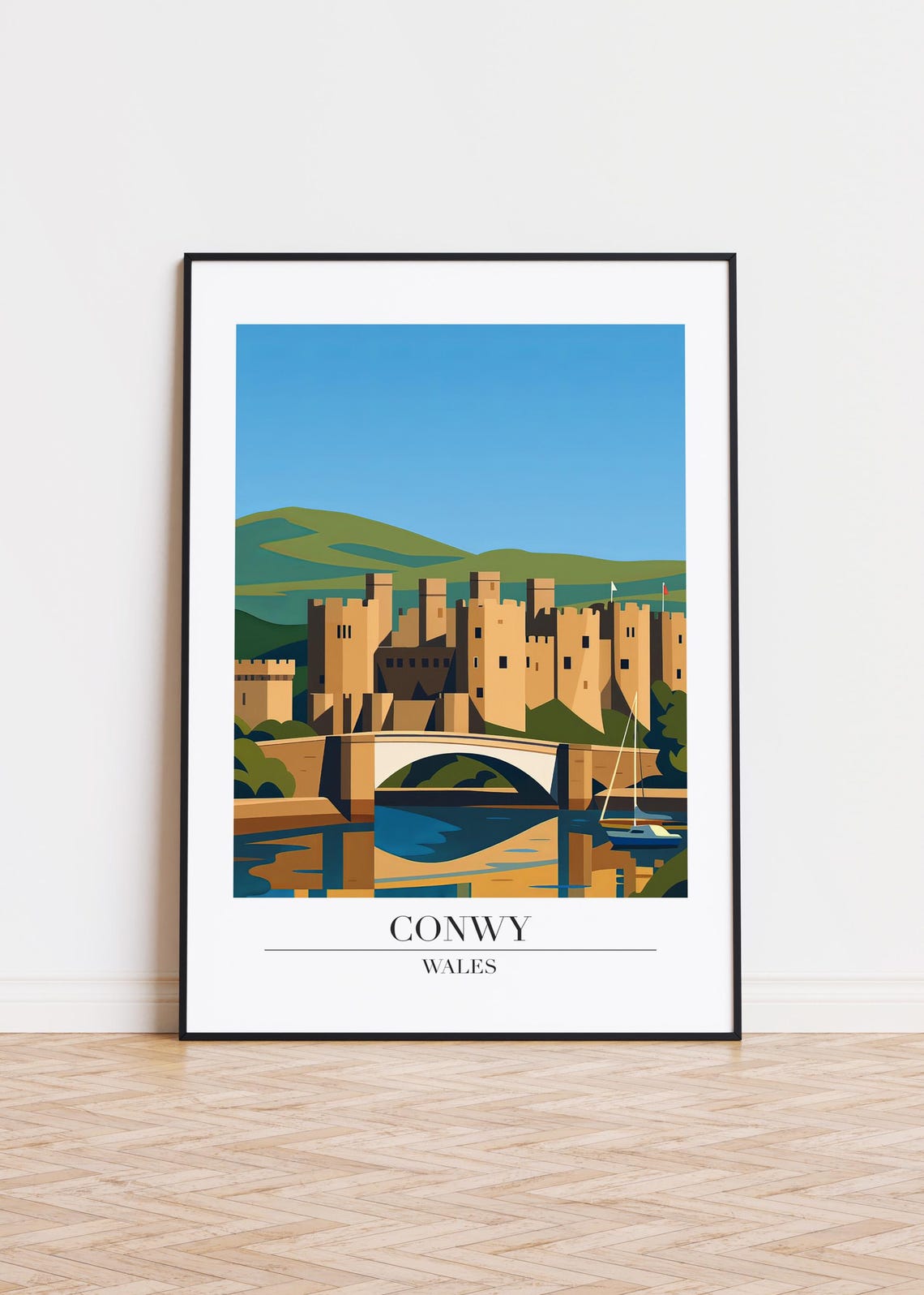 Conwy Wales Daytime Castle Arched Bridge Modern Travel Art Poster
