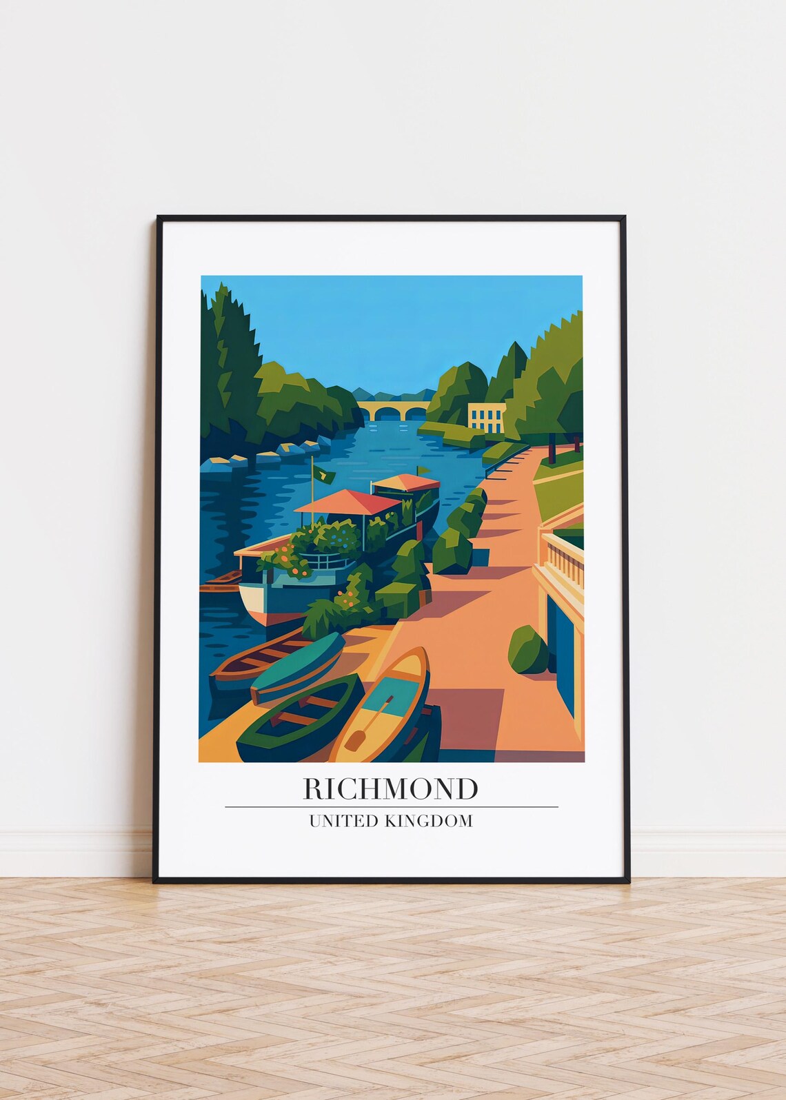 Richmond United Kingdom Riverside Boats Sunny Day Travel Poster