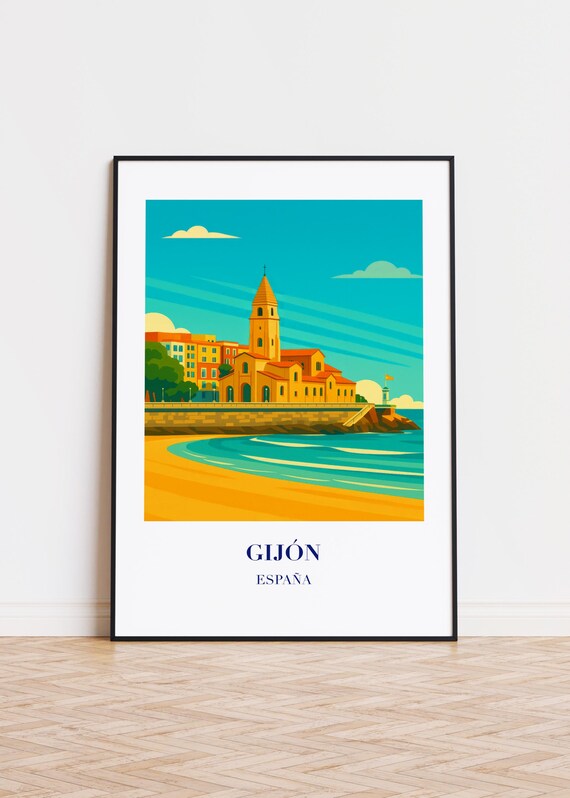 Gijon Spain Seaside Church Beachfront Retro Travel Illustration Poster