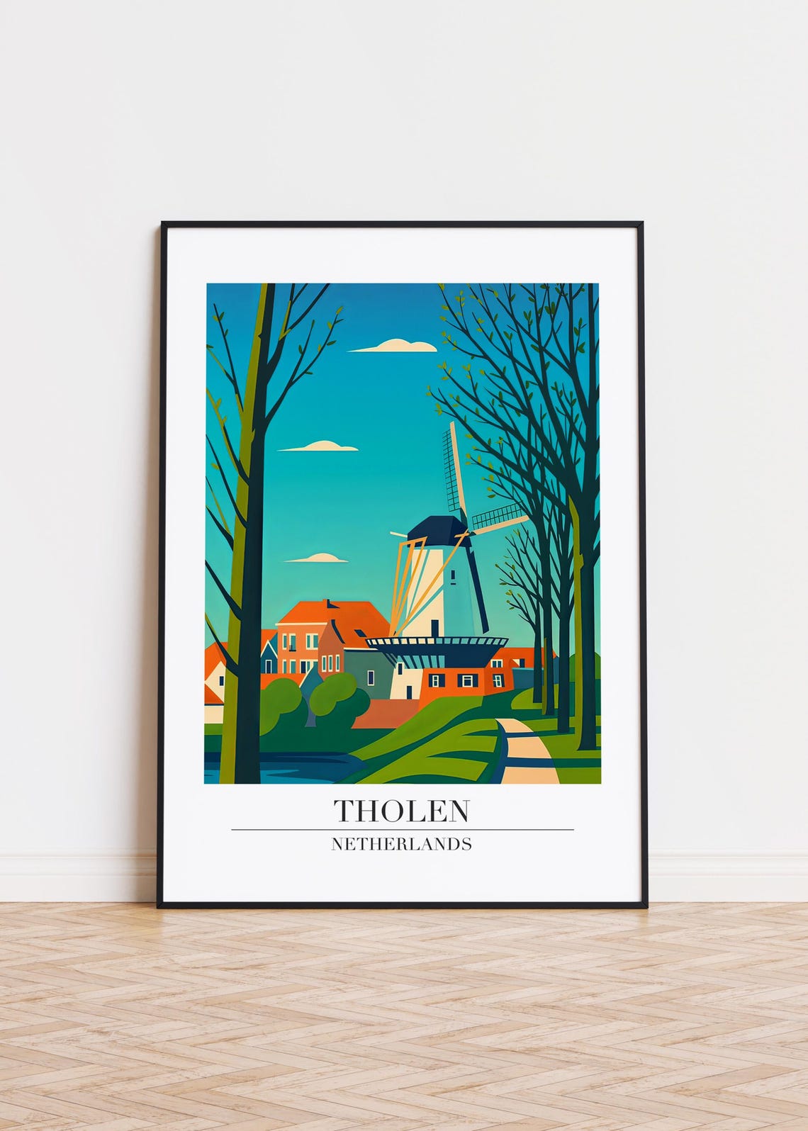 Tholen Netherlands Windmill Village Trees Dutch Travel Art Poster