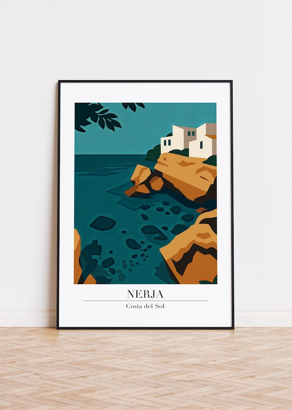 Nerja Costa Del Sol Rocky Coastline White Villa Travel Poster