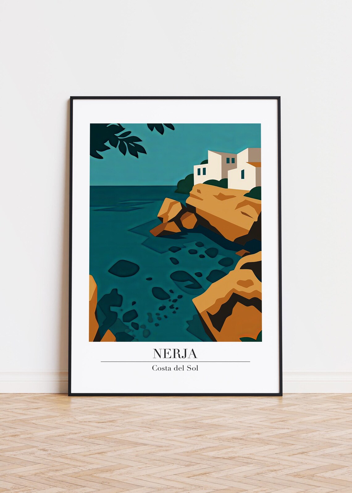 Nerja Costa Del Sol Rocky Coastline White Villa Travel Poster