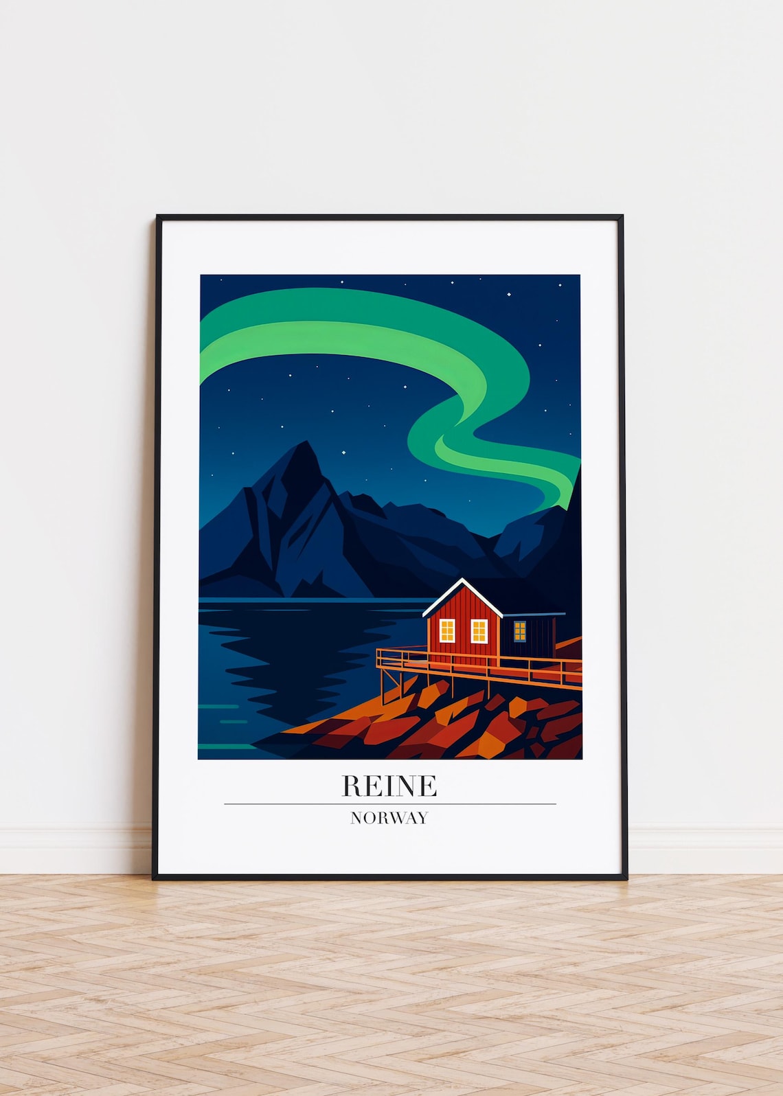 Reine Norway Northern Lights Red Cabin Night Sky Arctic Travel Poster