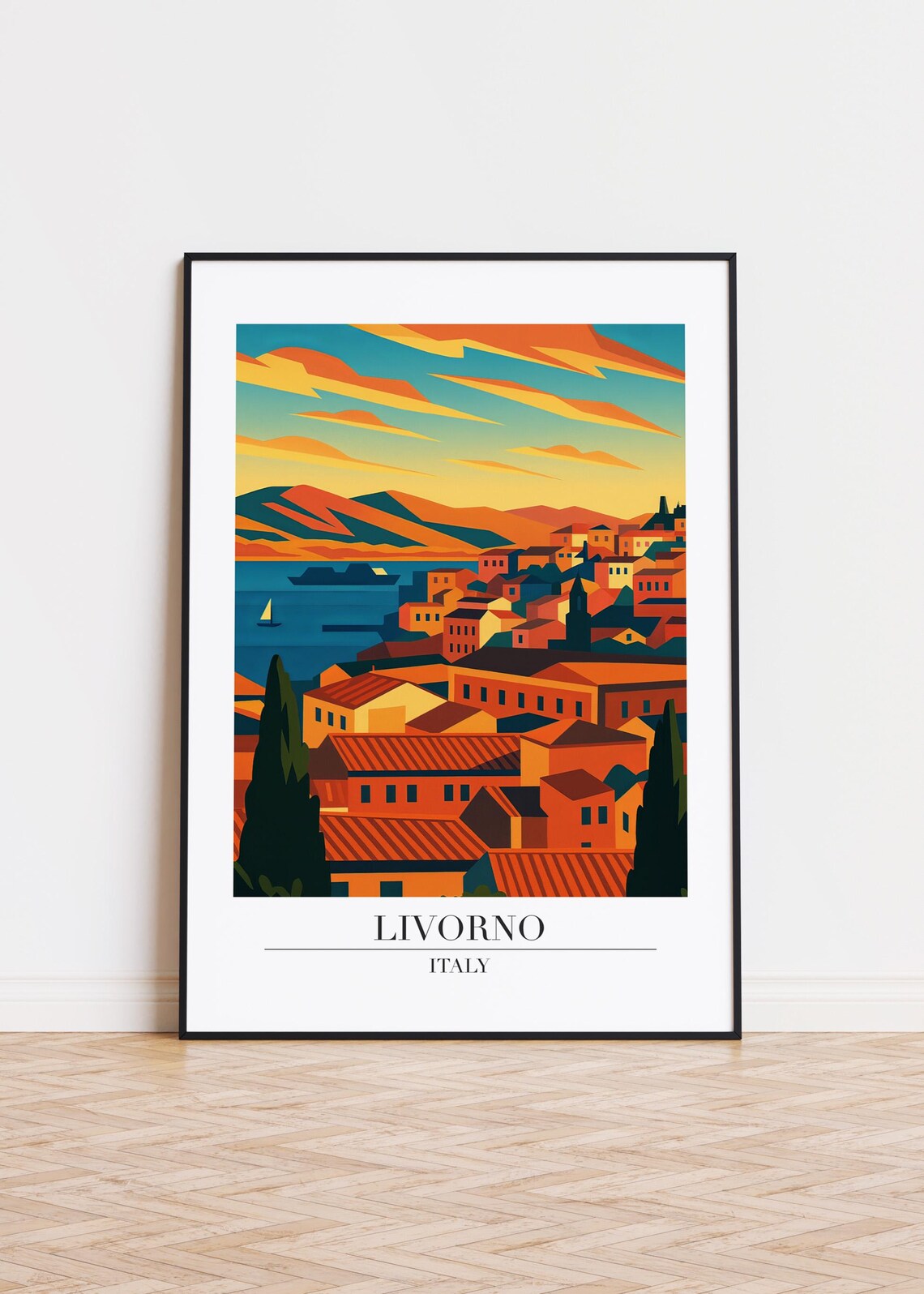 Livorno Italy Sunset Coastline Illustration Warm Travel Poster