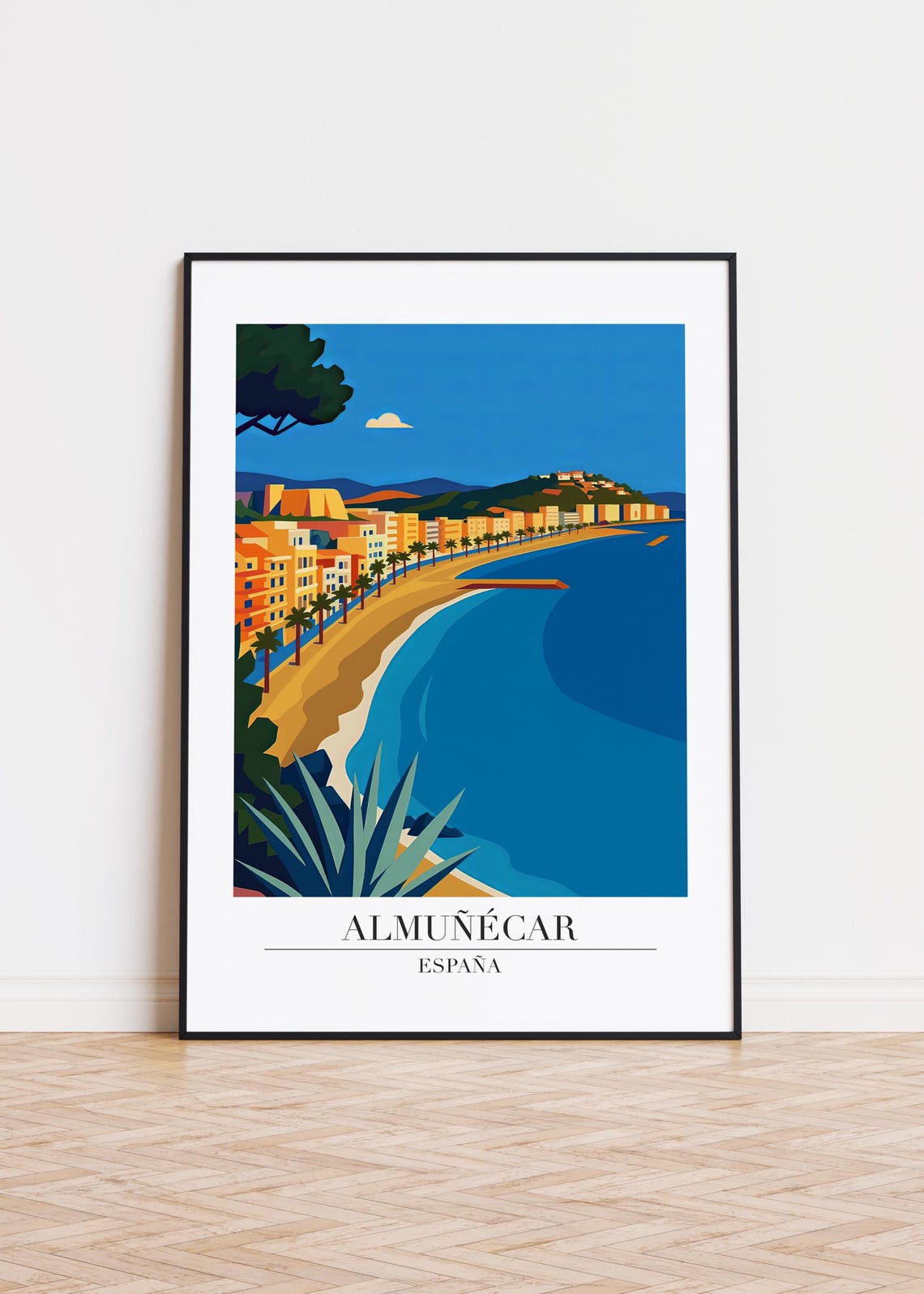 Almuñécar Spain Blue Bay Hillside Town Vintage Travel Poster Art