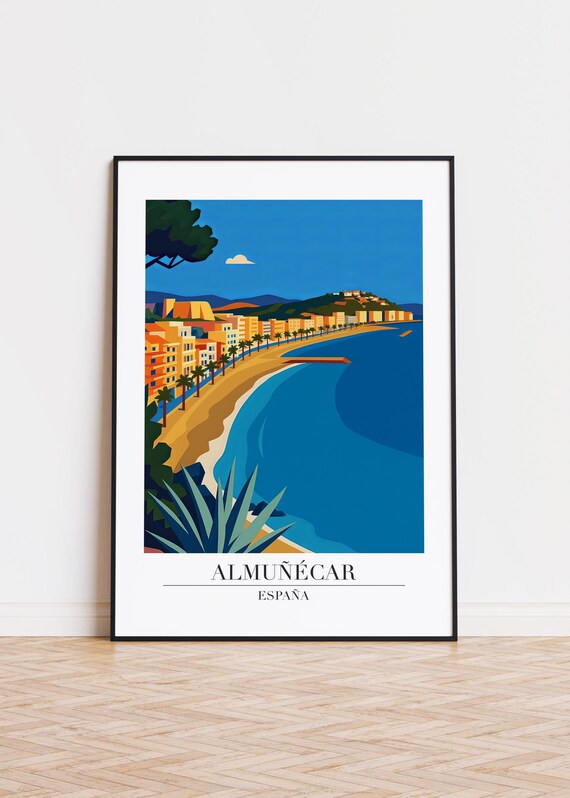 Almuñécar Spain Blue Bay Hillside Town Vintage Travel Poster Art