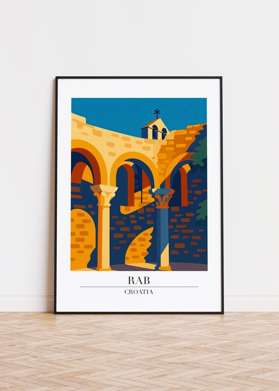 Rab Croatia Historic Church Stone Arches Travel Poster Adriatic