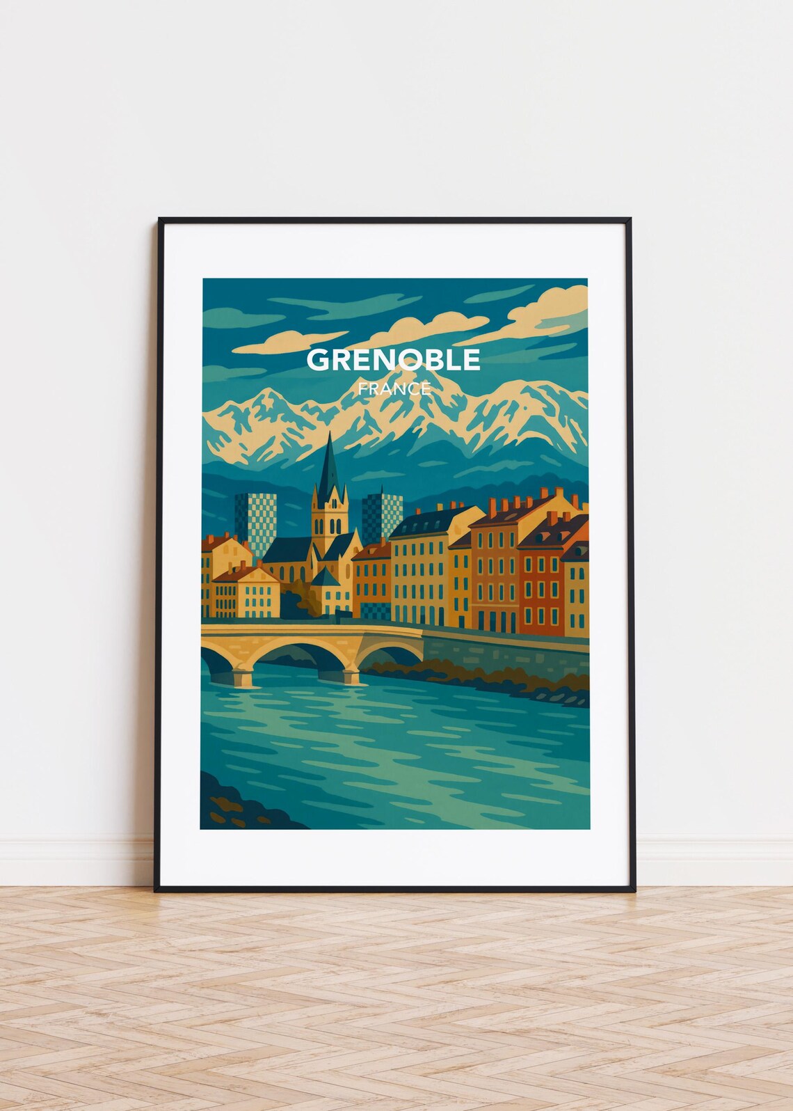 Grenoble France Alpine City River Bridge Snowy Peaks Travel Poster