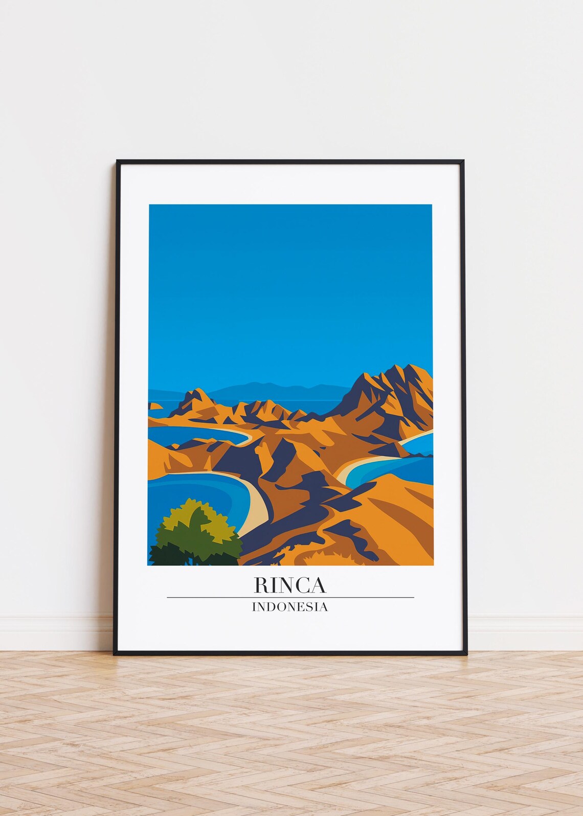 Rinca Indonesia Golden Rugged Mountains Blue Bay Coast Travel Poster