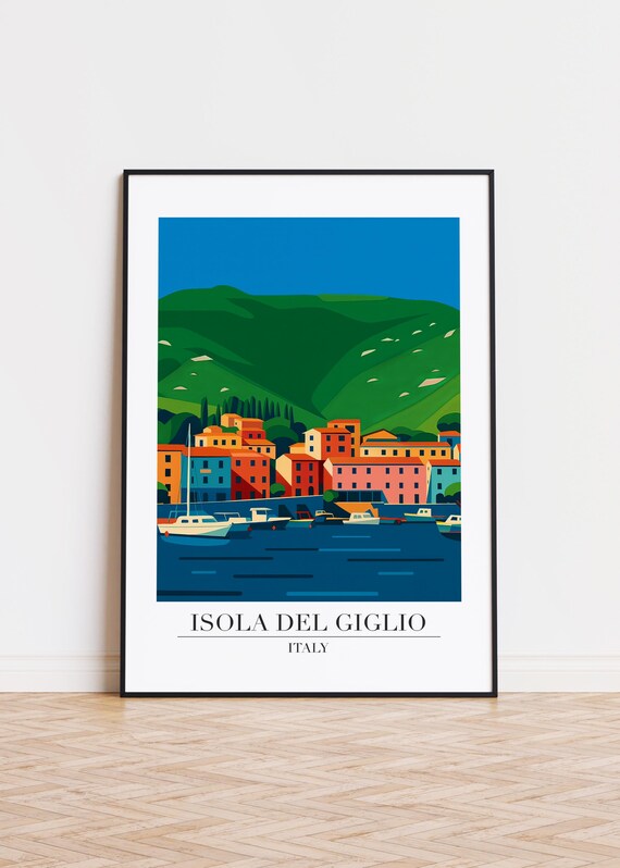 Isola del Giglio Italy Travel Poster Colorful Harbor Town View