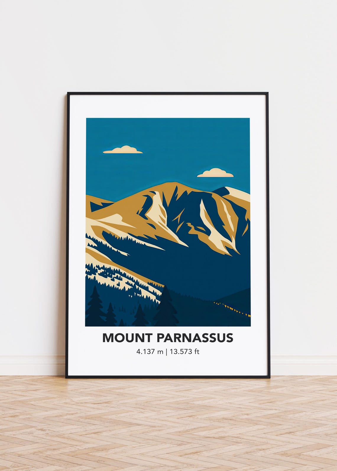 Mount Parnassus Gold Ridges Pines Navy Geometric Travel Poster