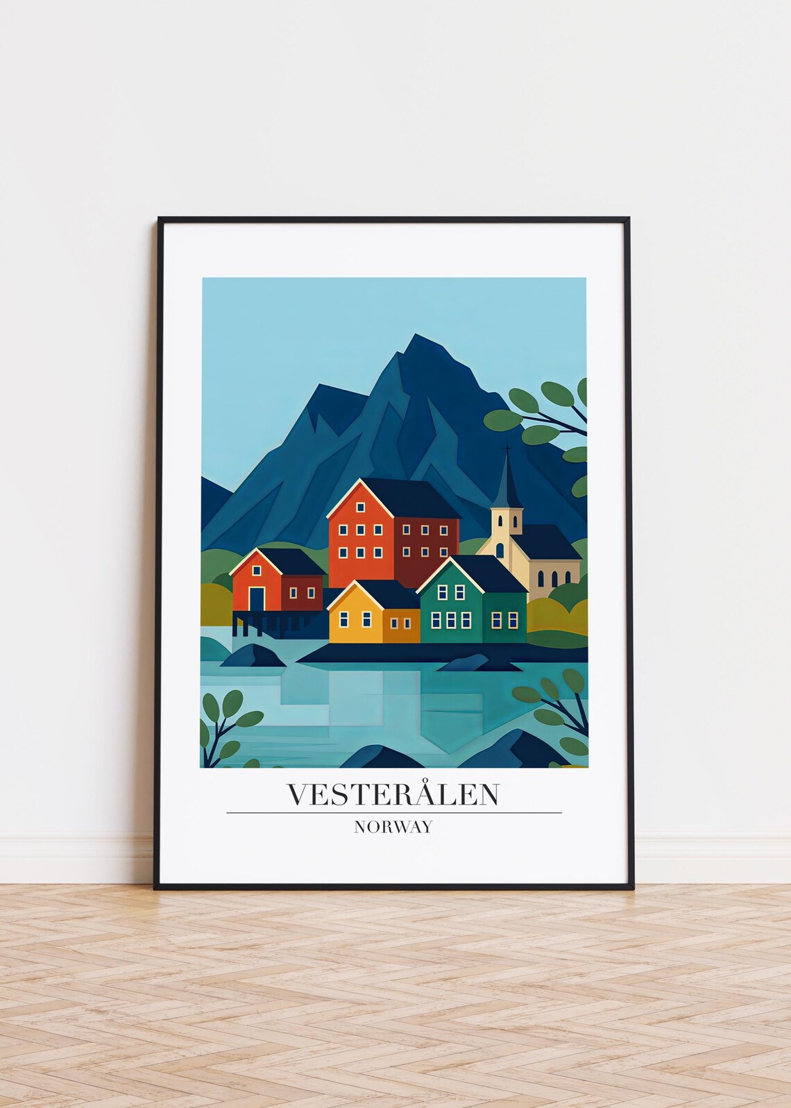 Vesterålen Norway Colorful Fjord Village Church Scandinavian Travel Poster