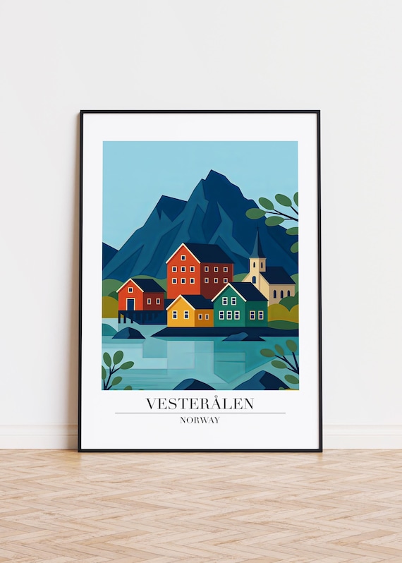 Vesterålen Norway Colorful Fjord Village Church Scandinavian Travel Poster