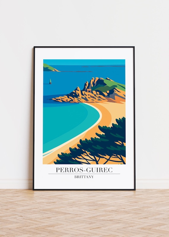 Perros Guirec Brittany Rocky Coast Beach Vintage Travel Poster