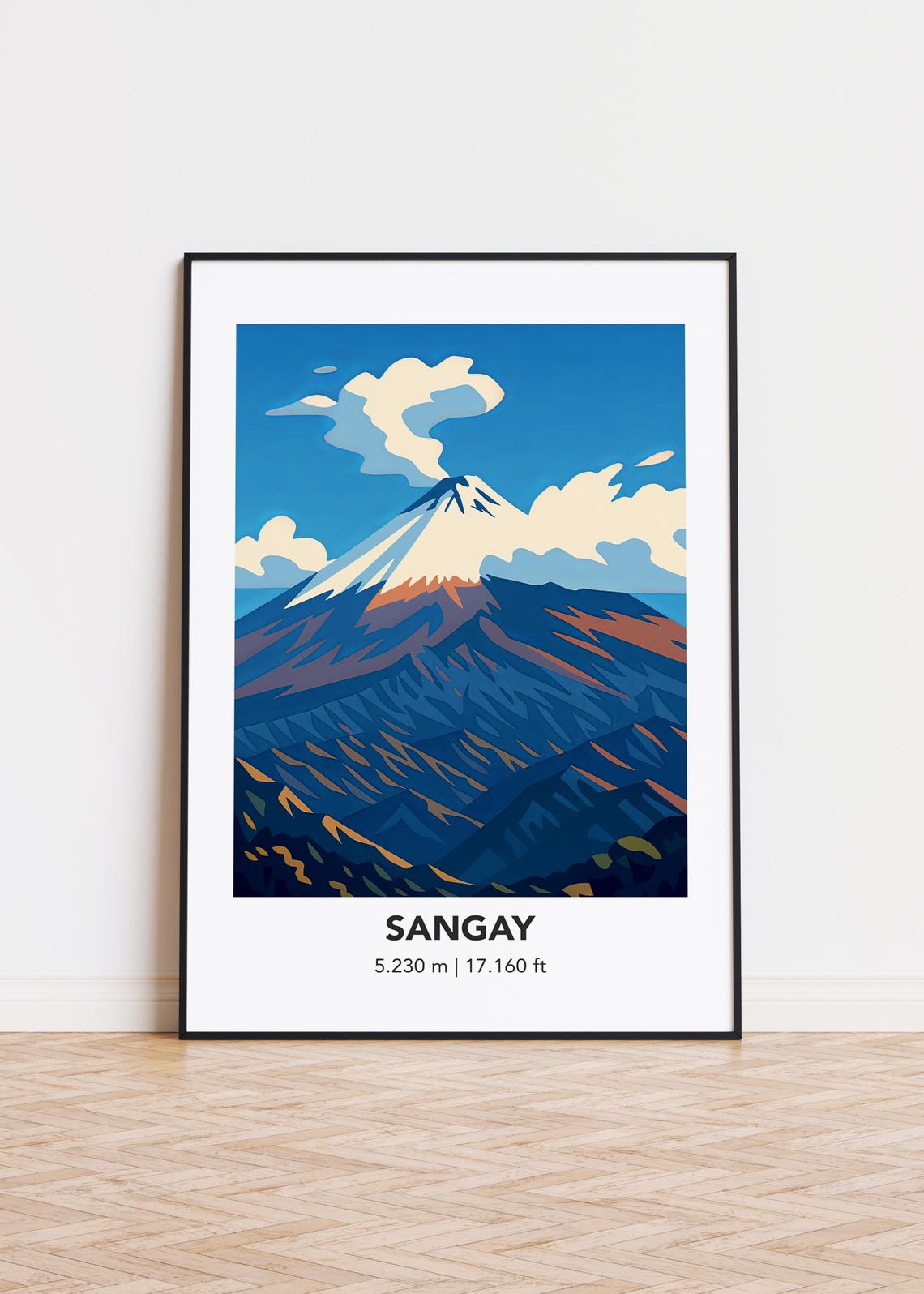 Sangay Smoking Snowcapped Volcano Blue Mountain Illustration Poster